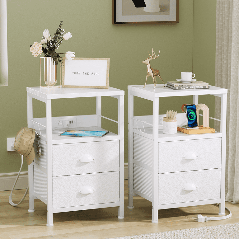 1 2 Pcs 22 Tall Nightstand with Charging Station End Side Tables Open Shelf for Bedroom 3 Colors Option Furco Color White Quantity Set of 2