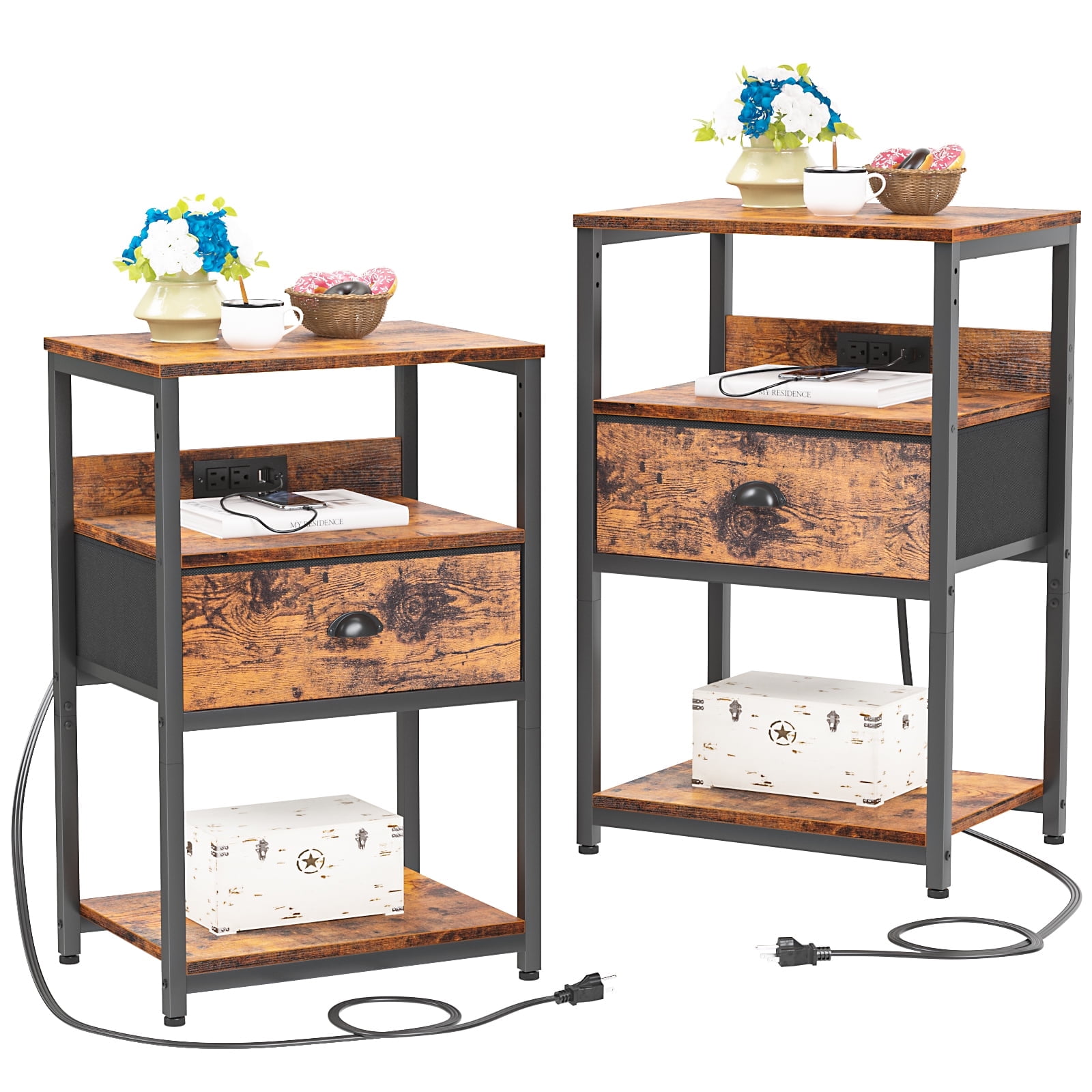 Furologee Nightstand Set of 2 with Charging Station, End Table with USB Ports & Power Outlets, 3