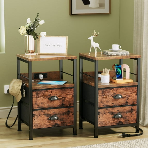Furologee Nightstand Set of 2 with Charging Station, Side Table with USB Ports & Outlets, Night Stand with Storage Shelf & Hooks, End Table with Fabric Drawers for Bedroom, Living Room, Rustic Brown