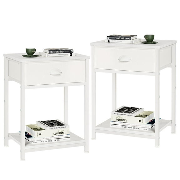 Furologee Nightstand Set of 2, End Table with Fabric Drawer & Storage Shelf, Sturdy Bedside Table for Bedroom, Living Room, White