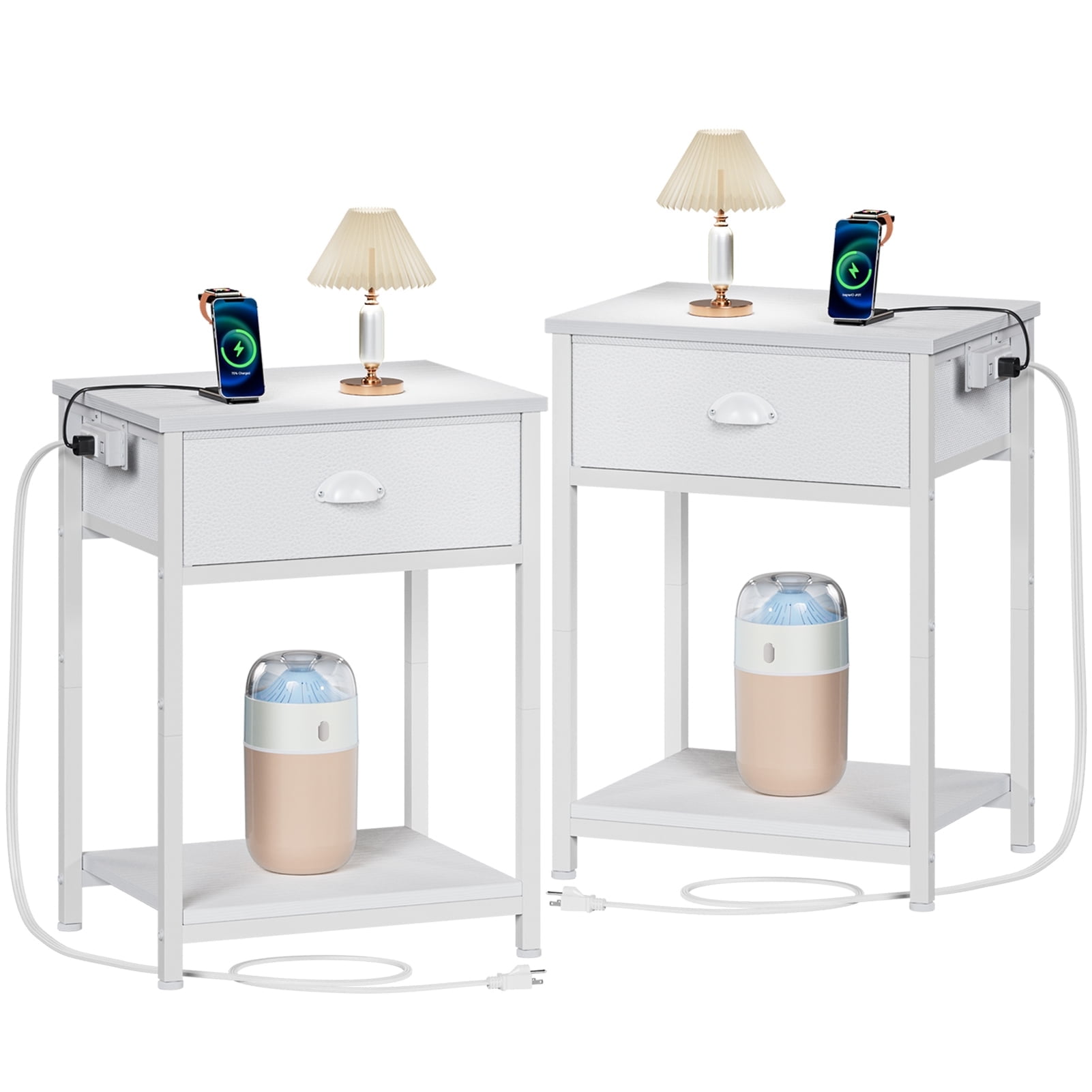 Furologee Nightstand Set of 2 with Charging Station, Bedside Table with Fabric Drawer, 3 Tiers