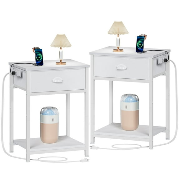 Furologee Nightstand Set of 2 with Charging Station, Bedside Table with Fabric Drawer, 3 Tiers End Table for Bedroom, Living Room, White