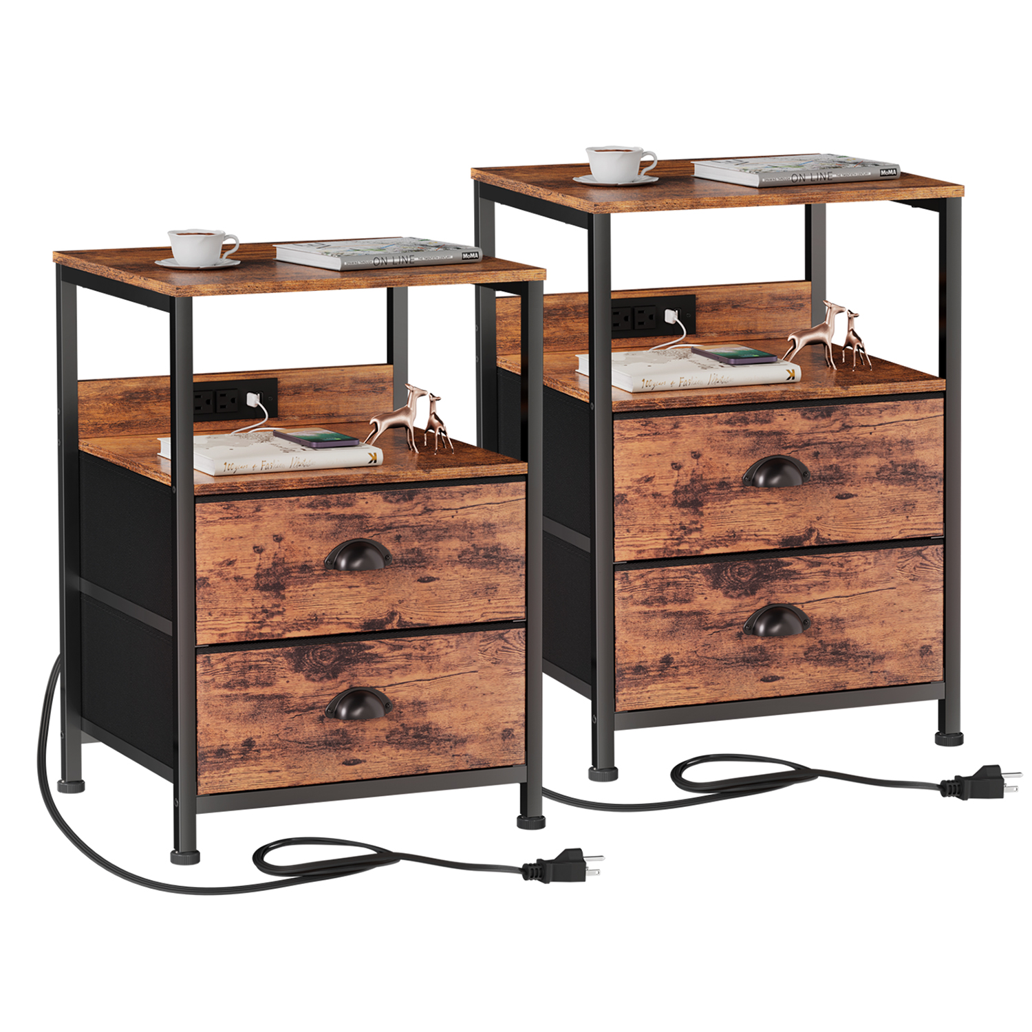 Furologee Nightstand Set of 2 with Charging Station, Bedside Table with