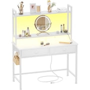 Furologee Small White Computer Desk with Power Outlet and 2 Fabric Drawers, 40" Makeup Vanity Desk with LED Light, Home Office Desk with Monitor Stand, Gaming Desk with Hutch for Small Space