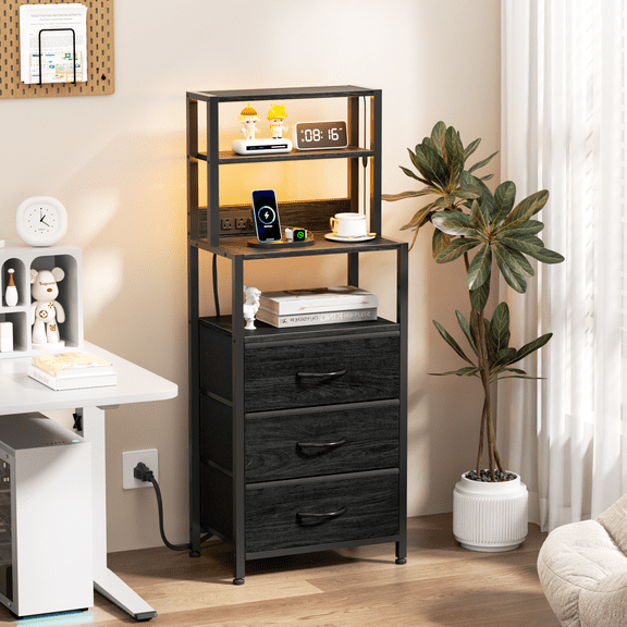 Furologee Tall Nightstand with Light Tube and Charging Station, Night Stand with 3 Drawers for Bedroom, Home Office, Dorm, Bedside Table and Bookshelf 2 in 1, Black Oak