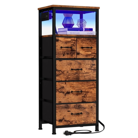 Furologee Vertical Storage Dresser with 5 Drawers & Shelves for Bedroom, Living Room, Nightstand with Charging Station & Led Lights for Adult, Rustic Brown