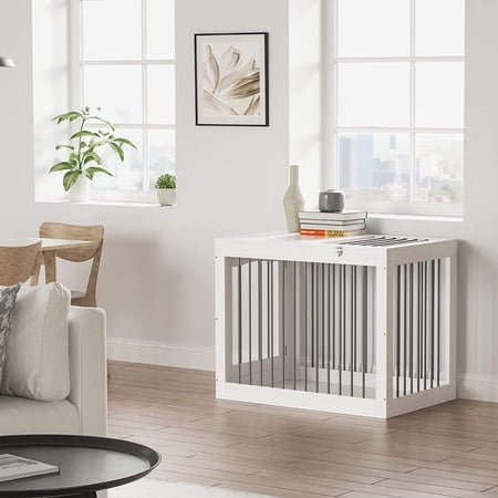 Furpezoo Dog Crate,40"L White Large Kennel,Wood Furniture End Table Pet Cage