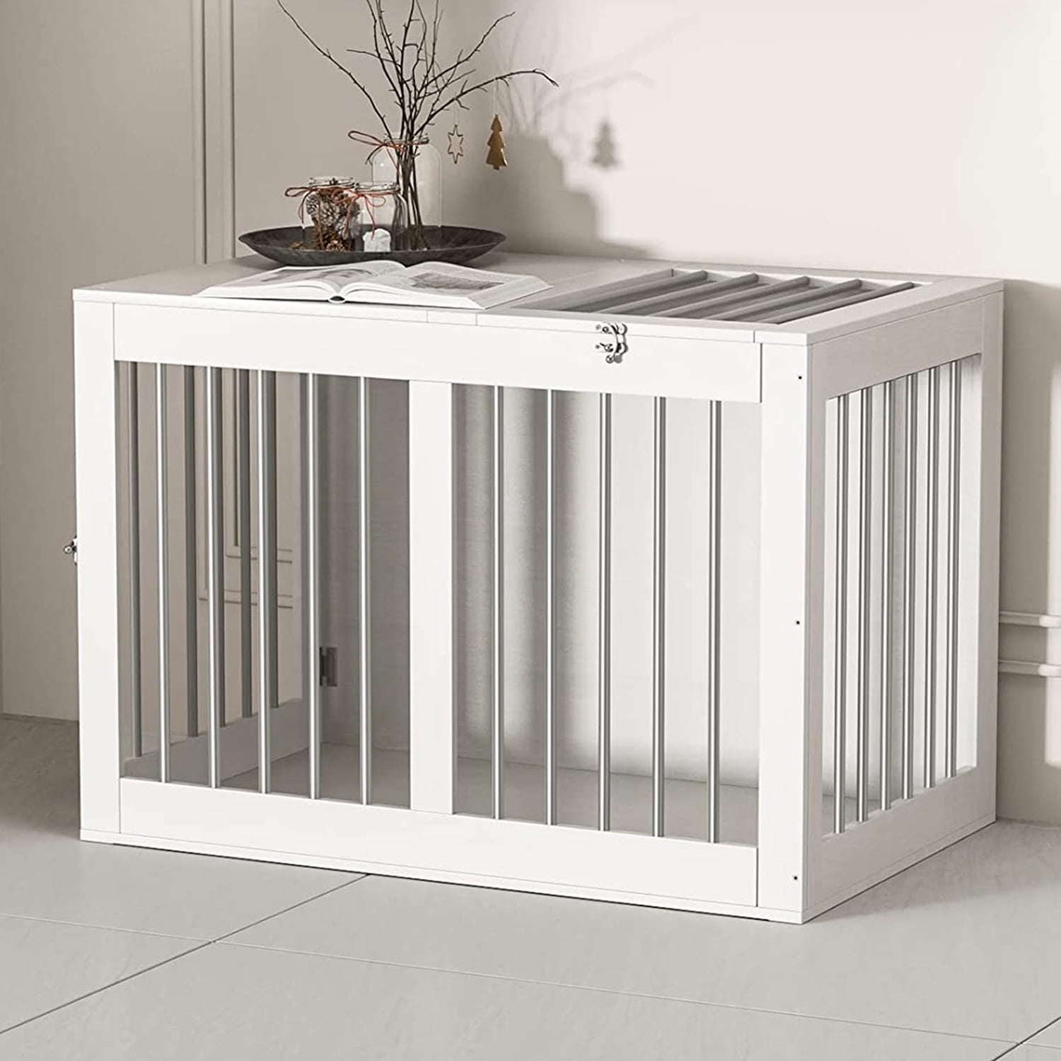 Furpezoo Dog Crate, Medium Dog Kennel Furniture Wood 2 Door Dog Cage