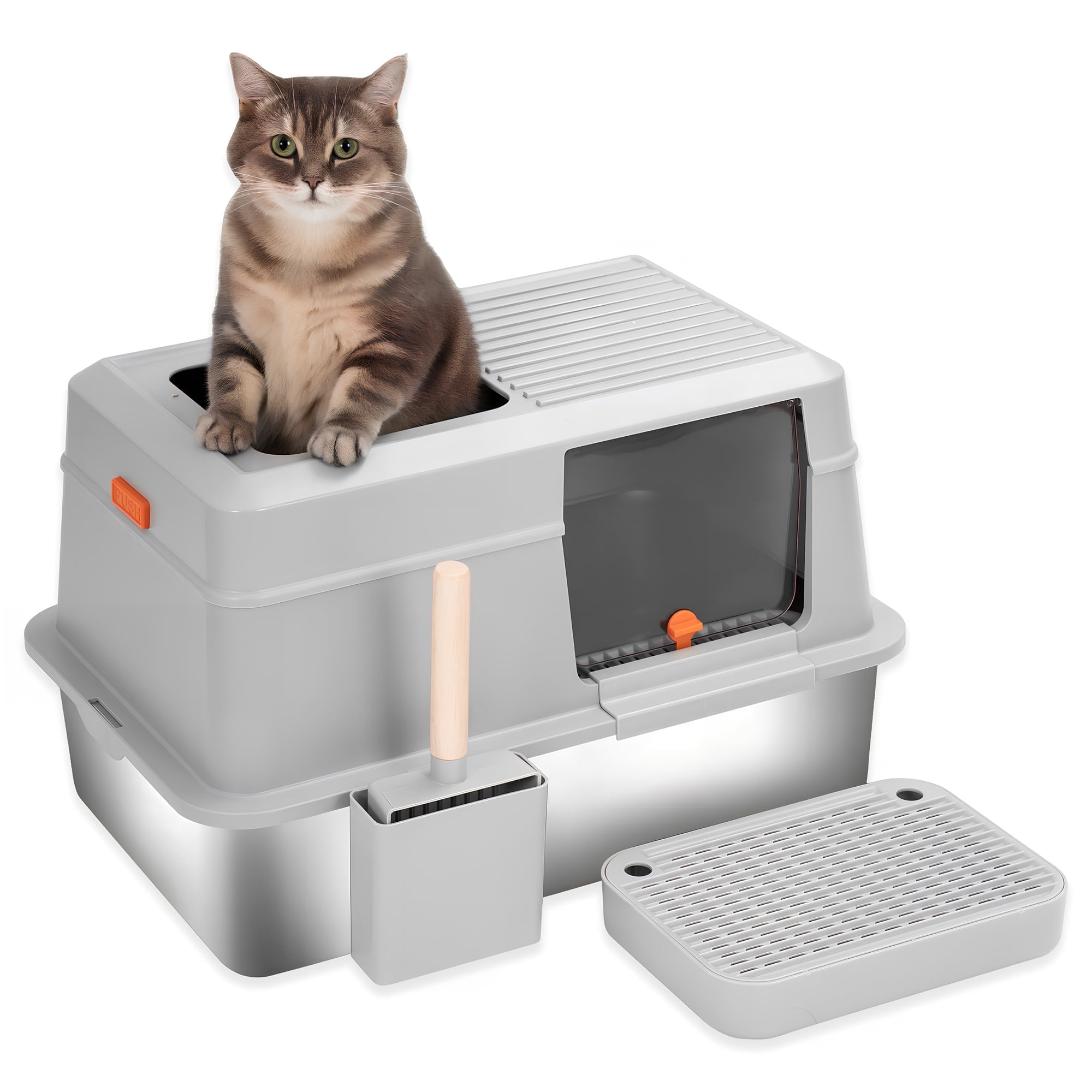 Furrbby Covered Cat Litter Boxes, Large High Side Stainless Litter Box Grey