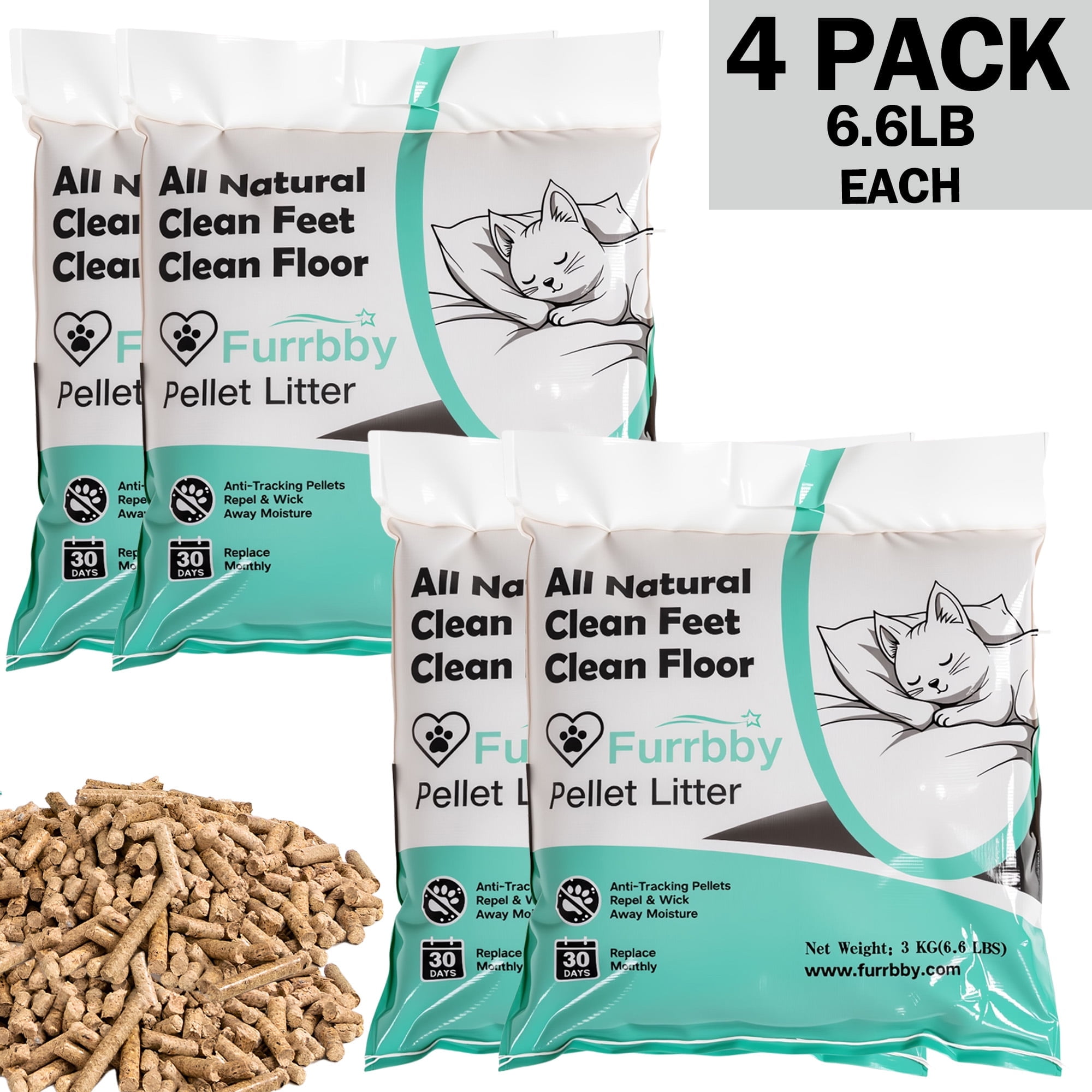Furrbby Cat Litter, Natural Pine Pellets Non-Clumping, Odor Control, 4 pack