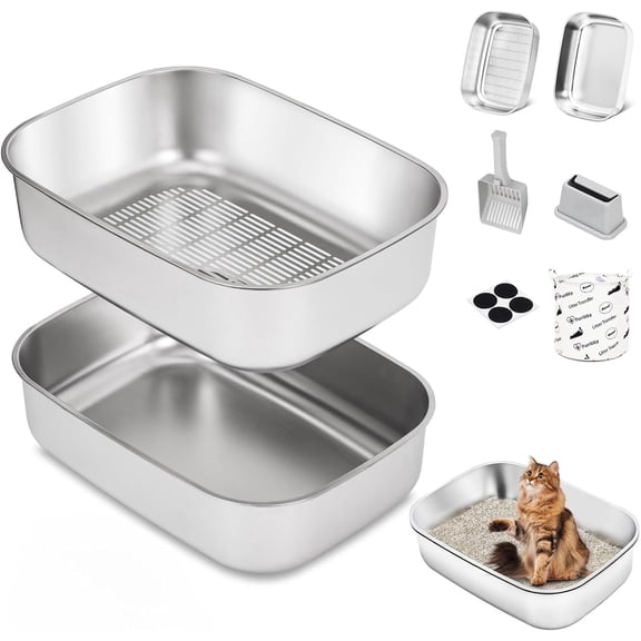 Furrbby Extra Large Open Top Stainless Steel Cat Litter Box, Odor Control Metal Pet Tray, Silver