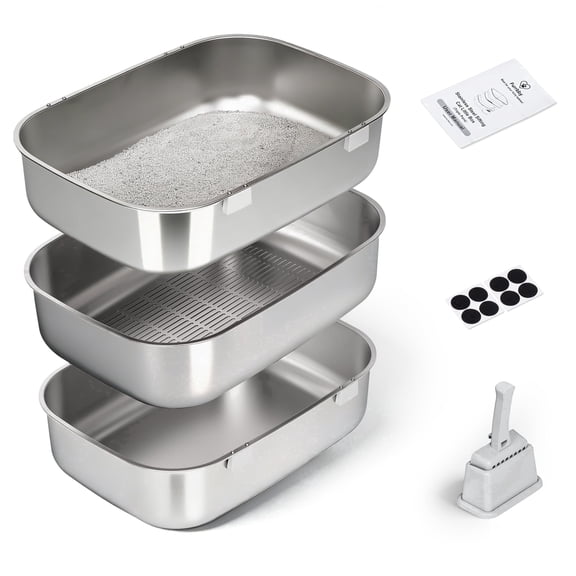 Furrbby Extra Large 3-Second Sifting Stainless Steel Cat Litter Box, Odor Control Triple-Pan System, XL Sifting Metal Litter Box, Silver