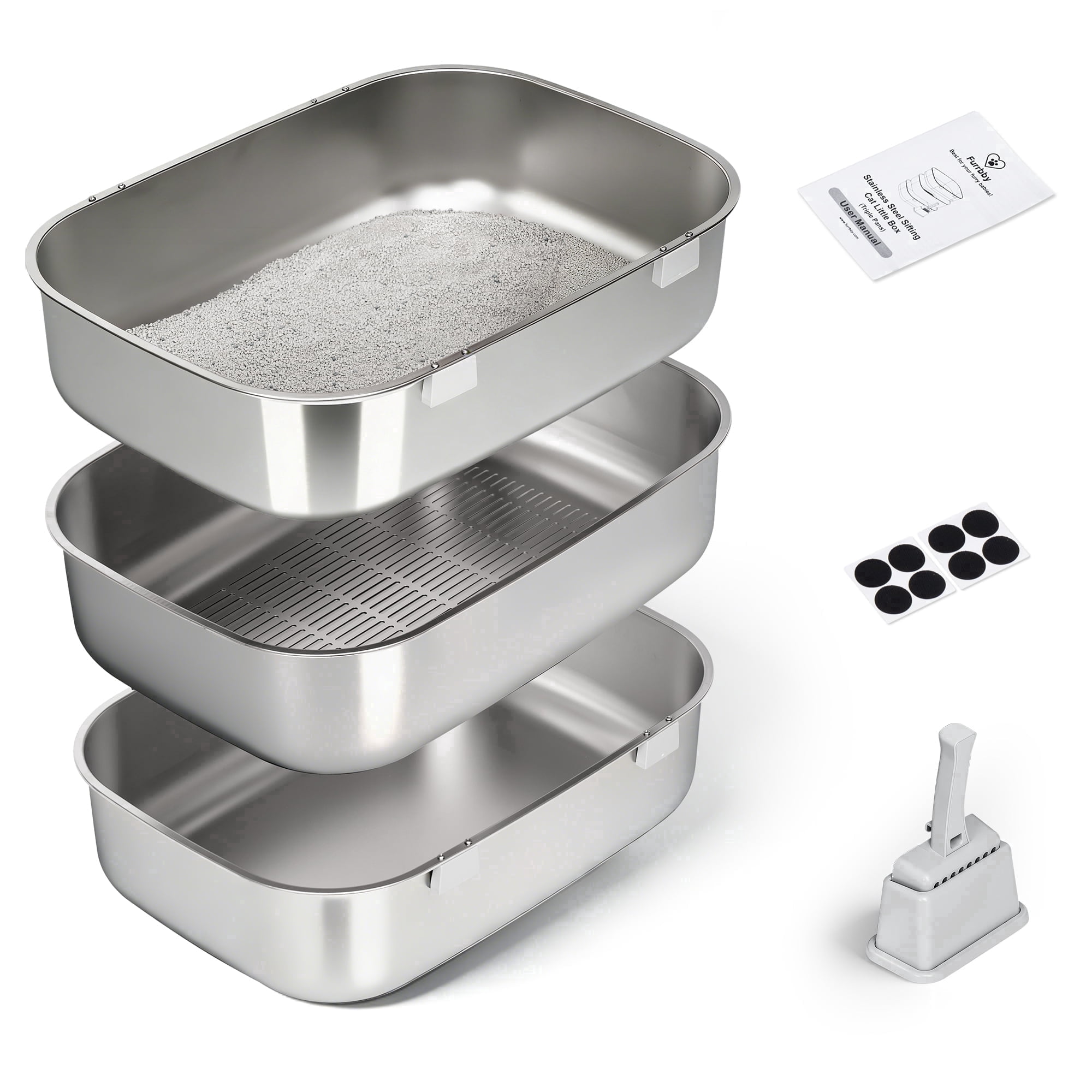 Furrbby Extra Large 3-Second Sifting Stainless Steel Cat Litter Box, Odor Control Triple-Pan System, Silver
