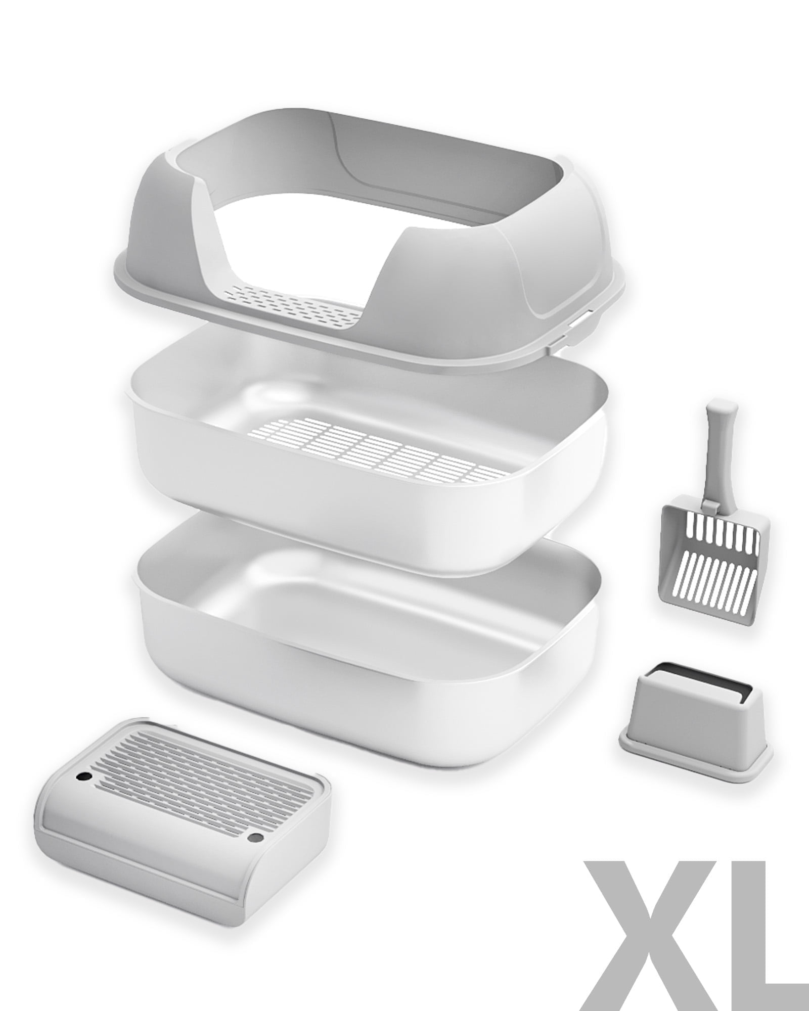 Furrbby Stainless Steel Sifting Litter Box with Lid for Big & Multi Cat, Easy Clean, with Scoop, Grey