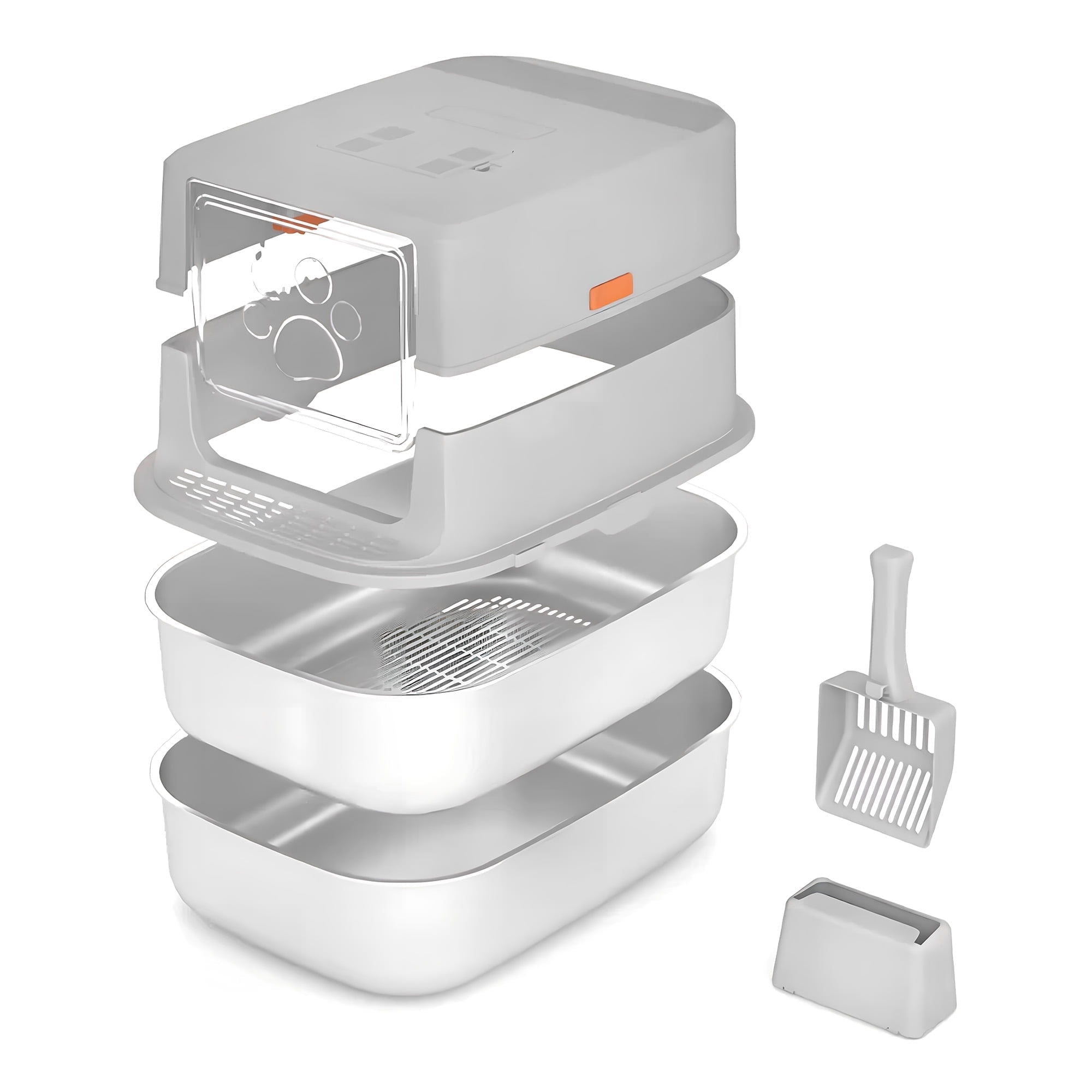 Furrbby Stainless Steel Sifting Litter Box with Lid for Big & Multi Cat, Easy Clean, with Scoop, Grey