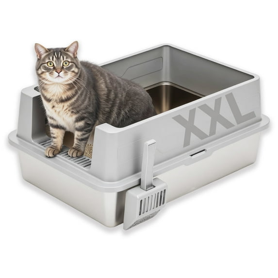 Furrbby XXL Stainless Steel Cat Litter Box for Big Cat, Heavy-Duty, Anti-Leak, Easy Clean, Grey