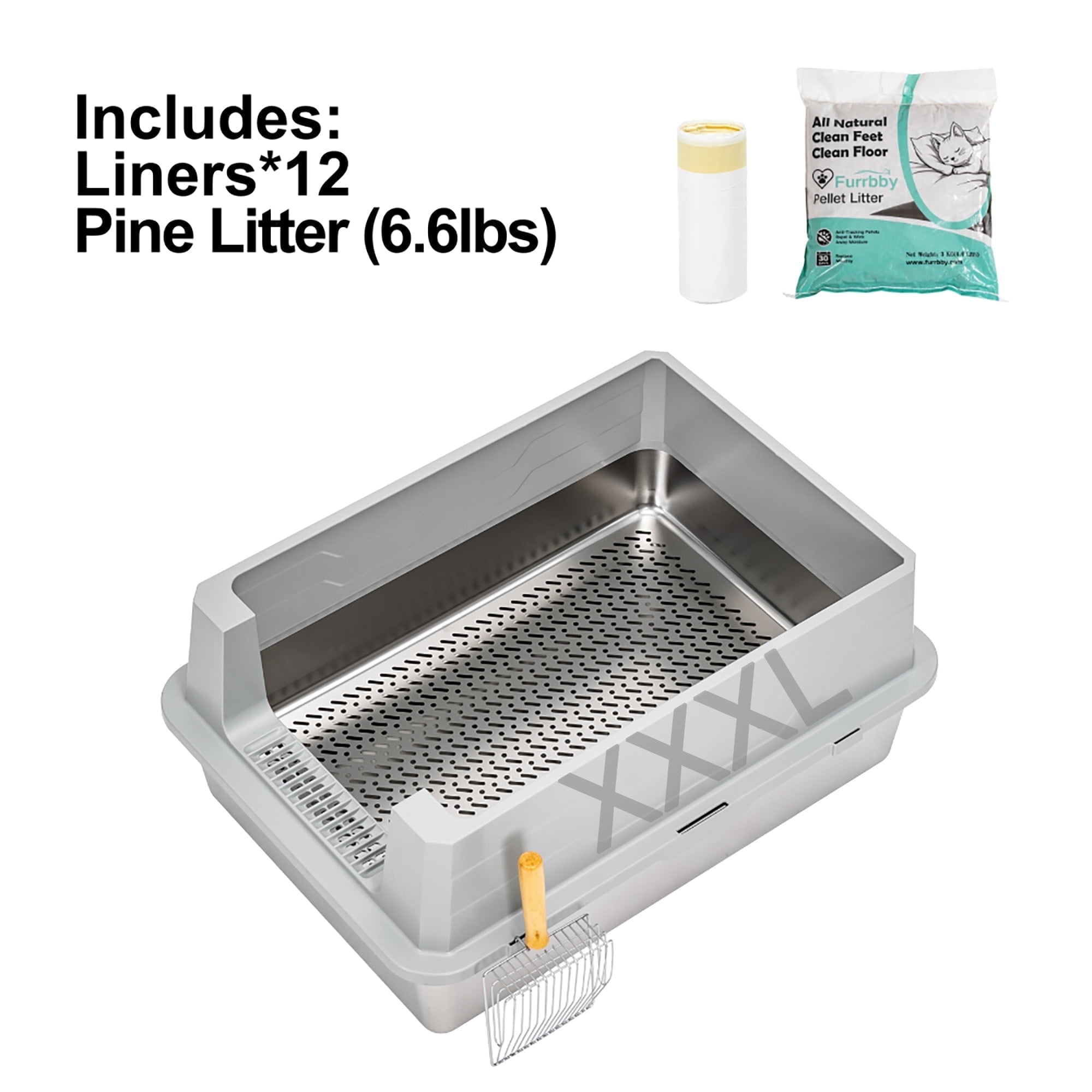 Furrbby XXL Stainless Steel Cat Litter Box with Lid for Pine Pellet, High Side with Scooper, Extra Large Litter Box for Cat, Odor Control, Easy Clean, 27.6*19.7 inch, Gray