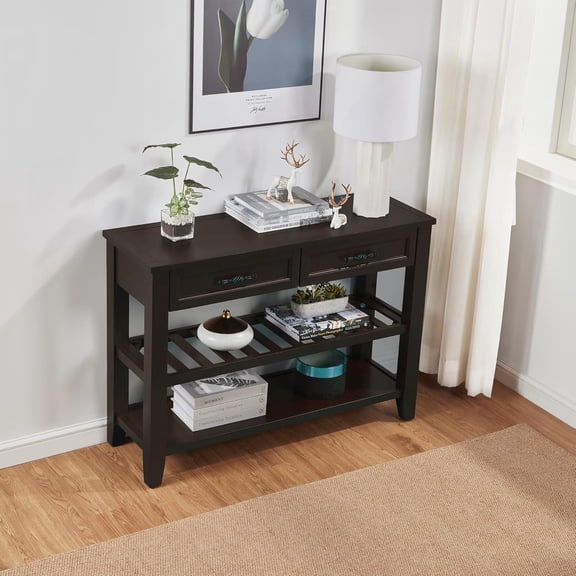 Furrnook Retro Design Console Table with Two Open Shelves, Pine Solid Wood Frame and Legs for Living Room