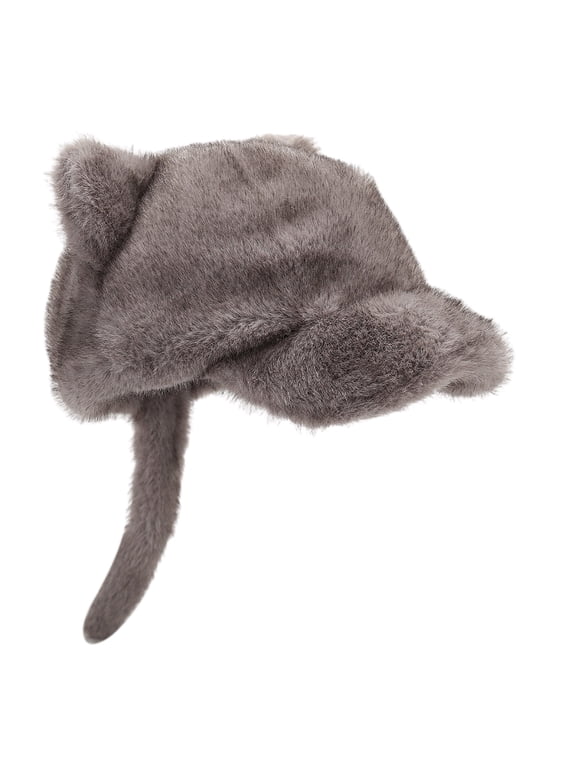 Furry Baseball Hat with Plush Tail Windproof Running Hat Furry Cats Ear Warm Winter Hat for Women Girl Outdoor Activity