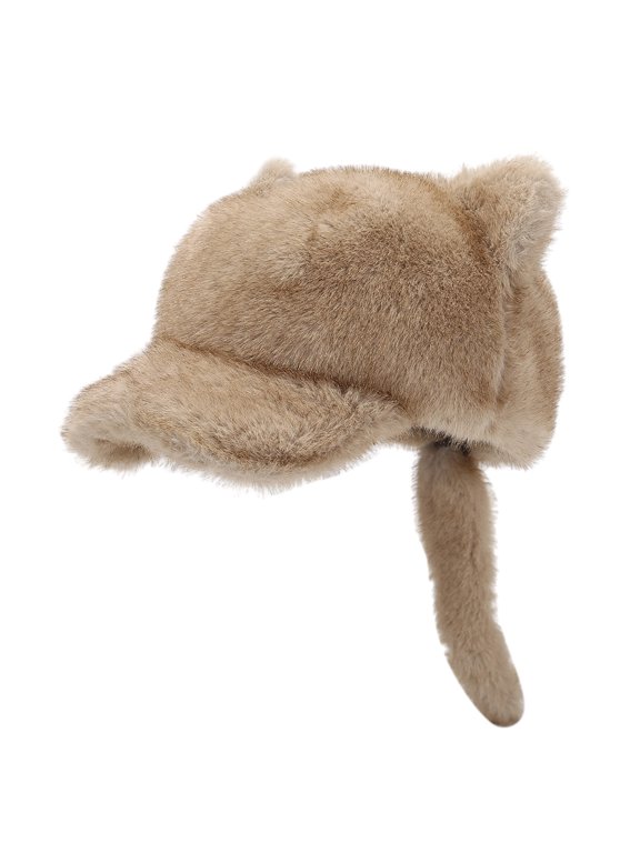 Furry Baseball Hat with Plush Tail Winter Warm Hat Furry Cats Ear Running Hat Windproof Cycyling Hat for Women Teens