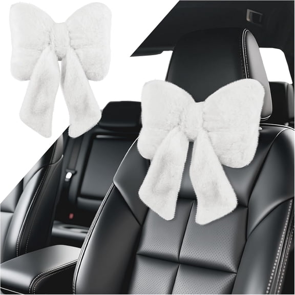 Furry Bow Car Headrest Pillow 1-Pack Soft Comfortable Car Neck Pillow Fatigue Relief Universal Headrest Pillows for Women Cars Interior Accessories