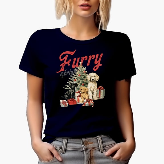 Furry & Bright, Vintage Christmas Tree, Dogs & Presents Art Merch Gift, Navy Blue T-Shirt, Medium