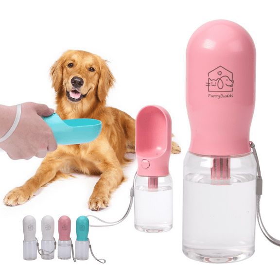 Furry Budds Filtered Dog Water Bottle Leak Proof Portable Travel Dog Water Dispenser with 4 Filters - Perfect Perro Puppy Drinking Bowl for Outdoor Walking and Hiking - Pet Accessories (Pink, 12oz)