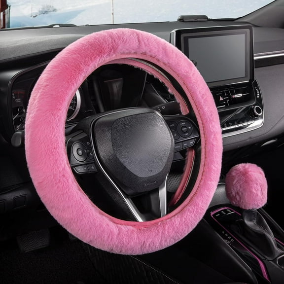 Furry Car Steering Wheel Cover with Fluffy Gear Shift Cover Soft Warm Non-Slip Car Decoration for Women Girls 3 PCS Set