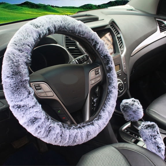 Furry Car Steering Wheel Cover with Fluffy Gear Shift Cover Soft Warm Non-Slip Car Decoration for Women Girls 3 PCS Set