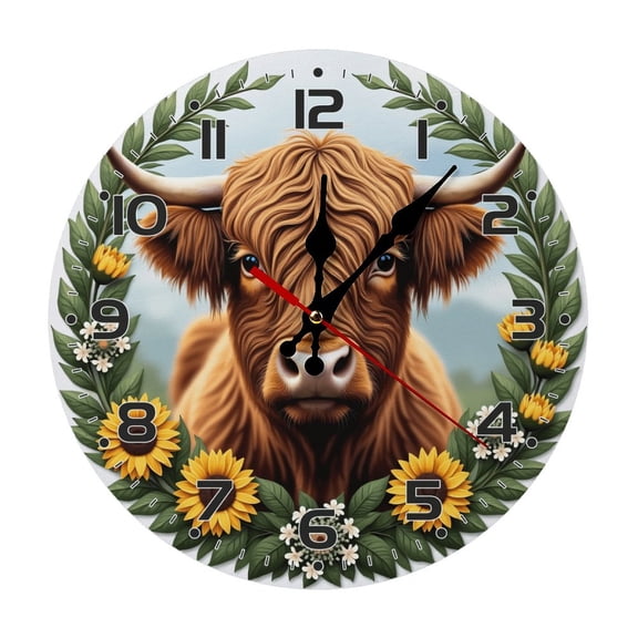 Furry Cow Wall Clock 10 Inch Silent Non Ticking Round Wooden Clock Decoration for Living Room Kitchen Bedroom Bathroom Office Classroom