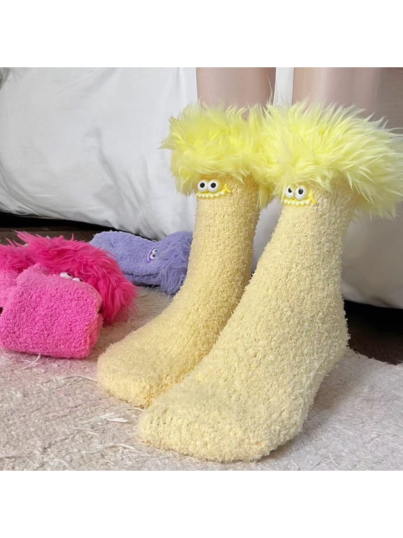 Furry Cuff Monster Fuzzy Crew Socks, Cartoon Teeth Face Winter Floor Socks, Soft Coral Fleece Indoor Casual Sleep Socks for Women