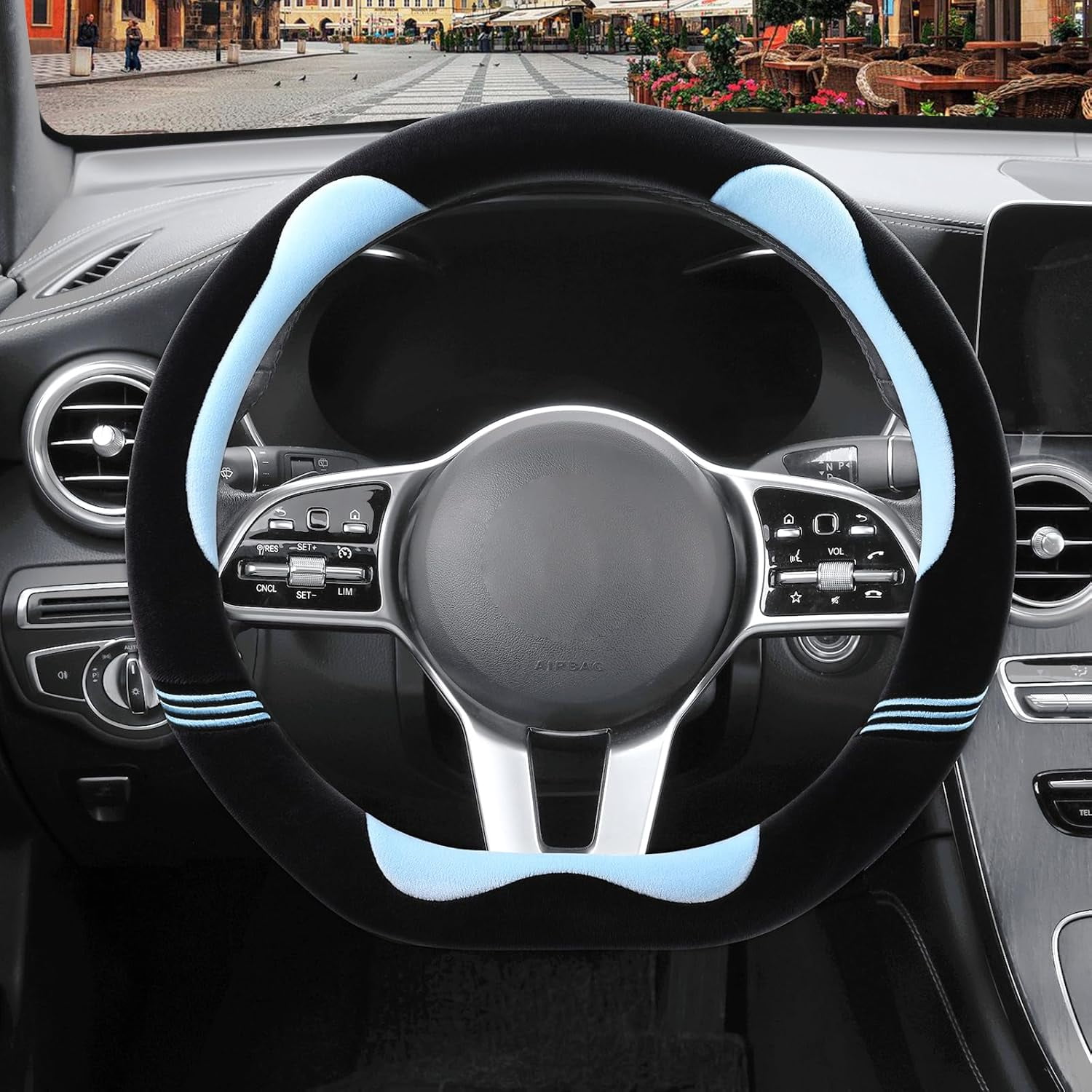 Furry Cute D Shaped Steering Wheel Cover, Soft Fluffy Short Plush Auto Accessories, Non-Slip Cold-Proof Sweat-Proof Colorfast, Universal 15 Inch, Black with Blue