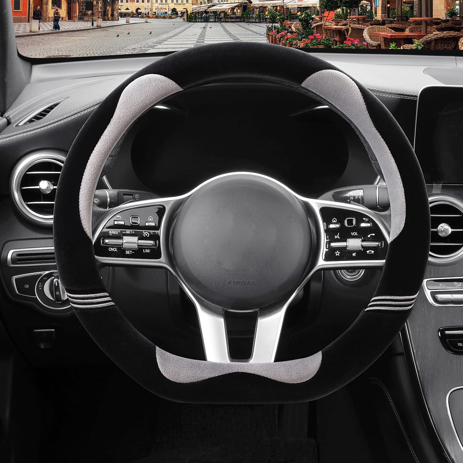 Furry Cute D Shaped Steering Wheel Cover, Soft Fluffy Short Plush Auto Accessories, Non-Slip Cold-Proof Sweat-Proof Colorfast, Universal 15 inch(Black with Gray)