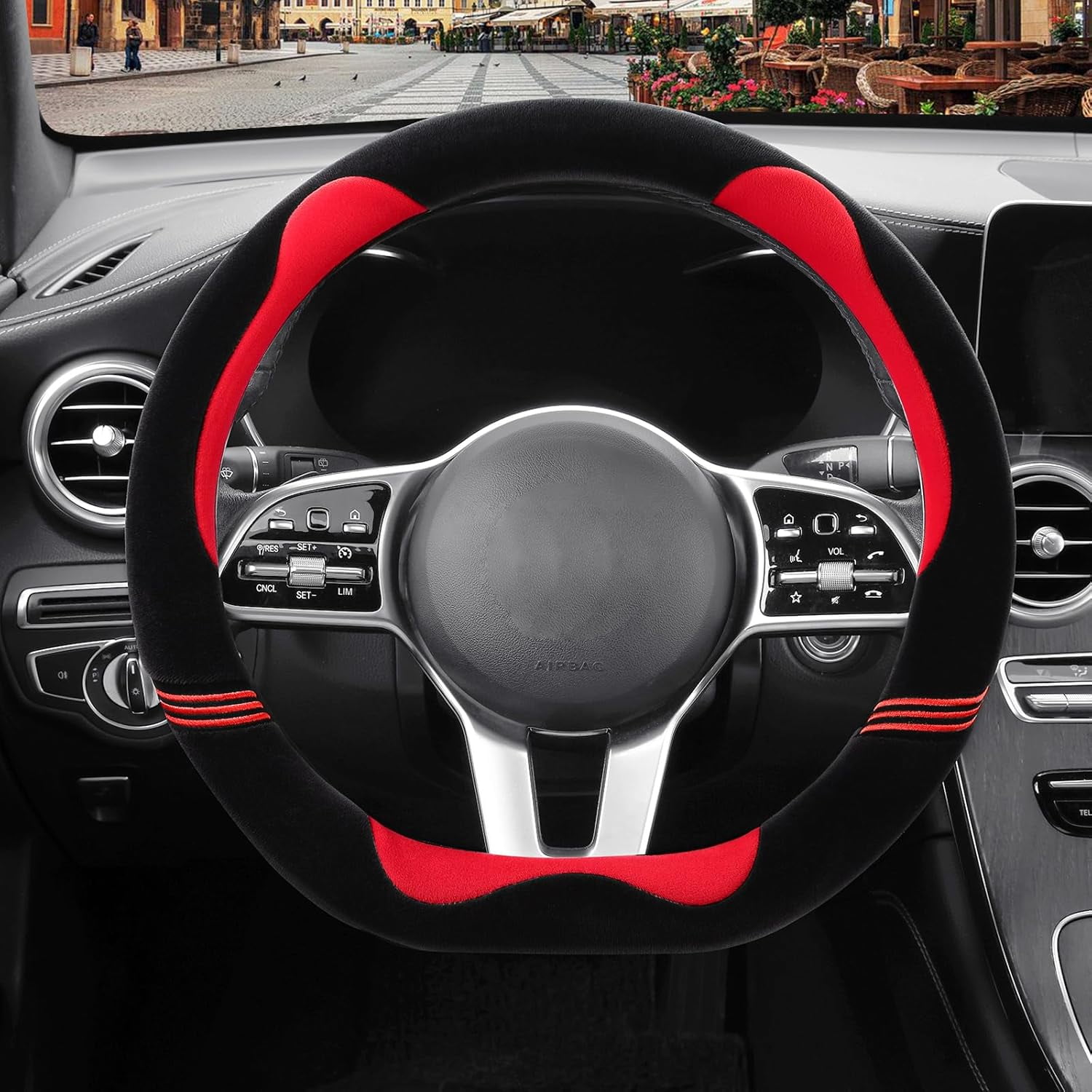 Furry Cute D Shaped Steering Wheel Cover, Soft Fluffy Short Plush Auto Accessories, Non-Slip Cold-Proof Sweat-Proof Colorfast, Universal 15 inch(Black with Red)