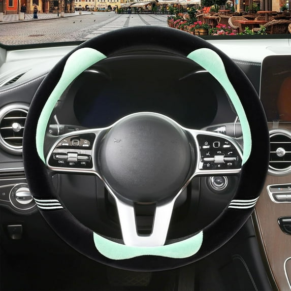 Furry Cute Round Steering Wheel Cover, Soft Fluffy Short Plush Auto Accessories, Non-Slip Cold-Proof Sweat-Proof Colorfast, Universal 15 Inch, Black with Green