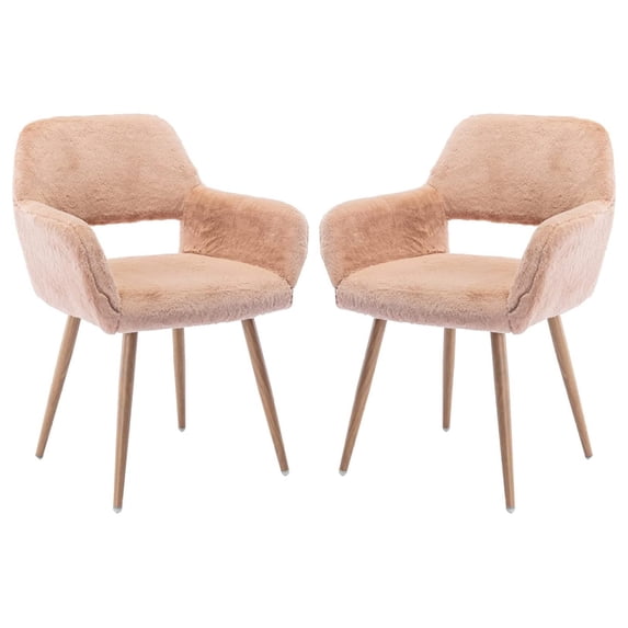 Furry Desk Chair Set of 2, -Century Modern Accent Faux Fur Chair for Teen Girls, Comfy Armchair with Wood Look Metal Legs for Living Dining Room, Home Vanity Makeup Office Desk Chair No Wheel,Camel