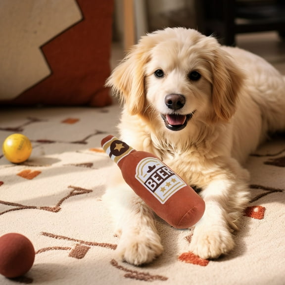 Furry Dog Chew Toy with Squeaker – Plush-Filled, Bottle-Style Design, Great for Keeping Dogs Engaged, Supports Happy Chewing Habits, Fits Puppies & Adult Dogs