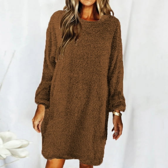 Furry Dress for Women Lightweight Sweater Dress Loose Fit Crew Neck Long Sleeve Cute Comfy Fuzzy Casual Dress