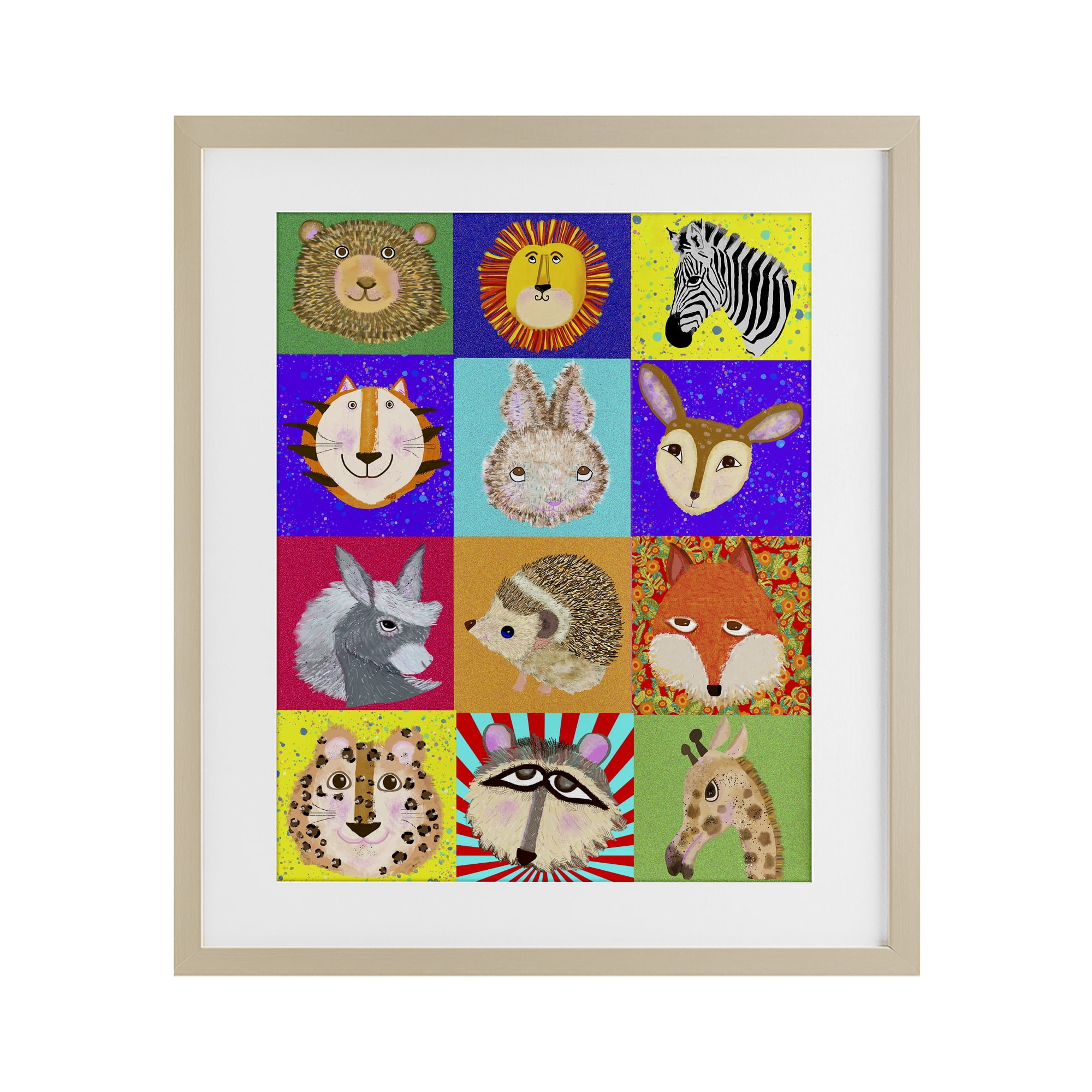 Furry Faces Animals Birch Framed Print Under Glass, design by Lynnda Rakos