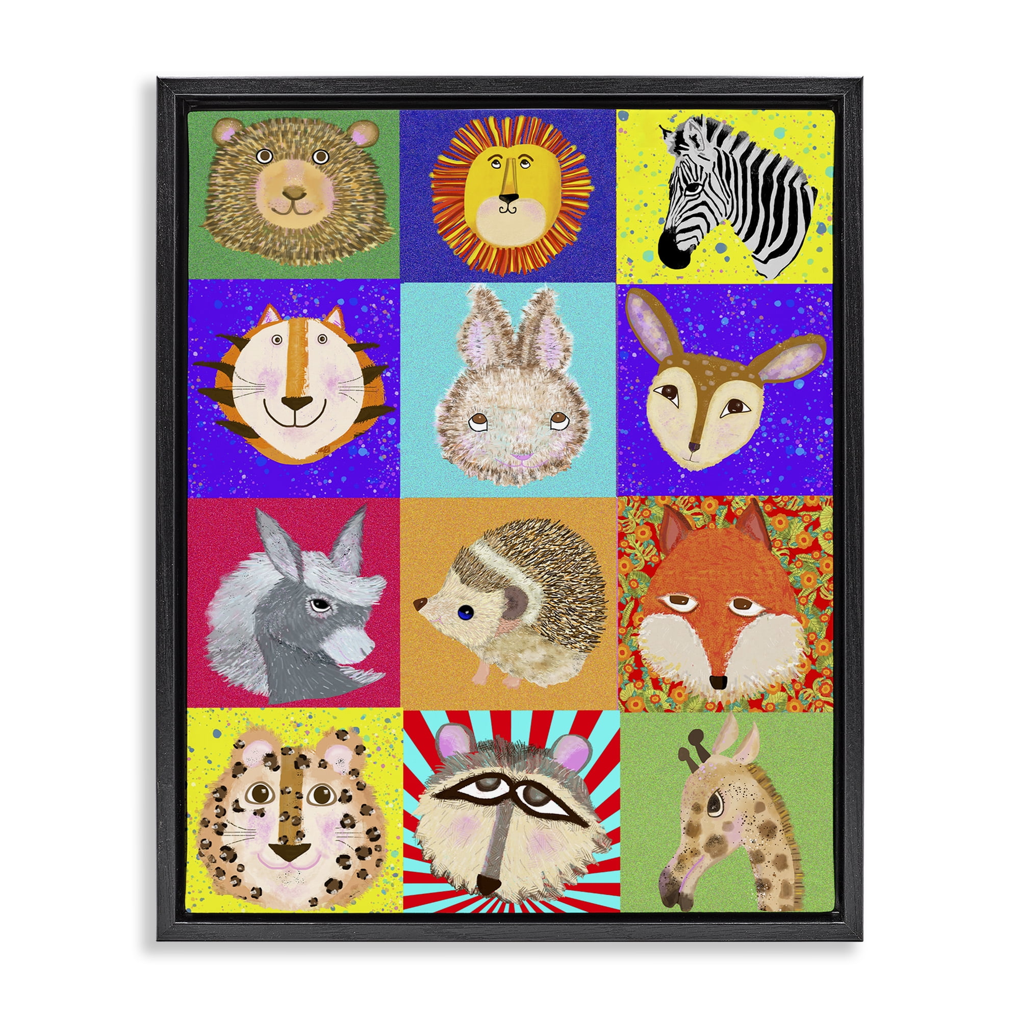 Furry Faces Animals Black Framed Floater Canvas Wall Art, design by Lynnda Rakos