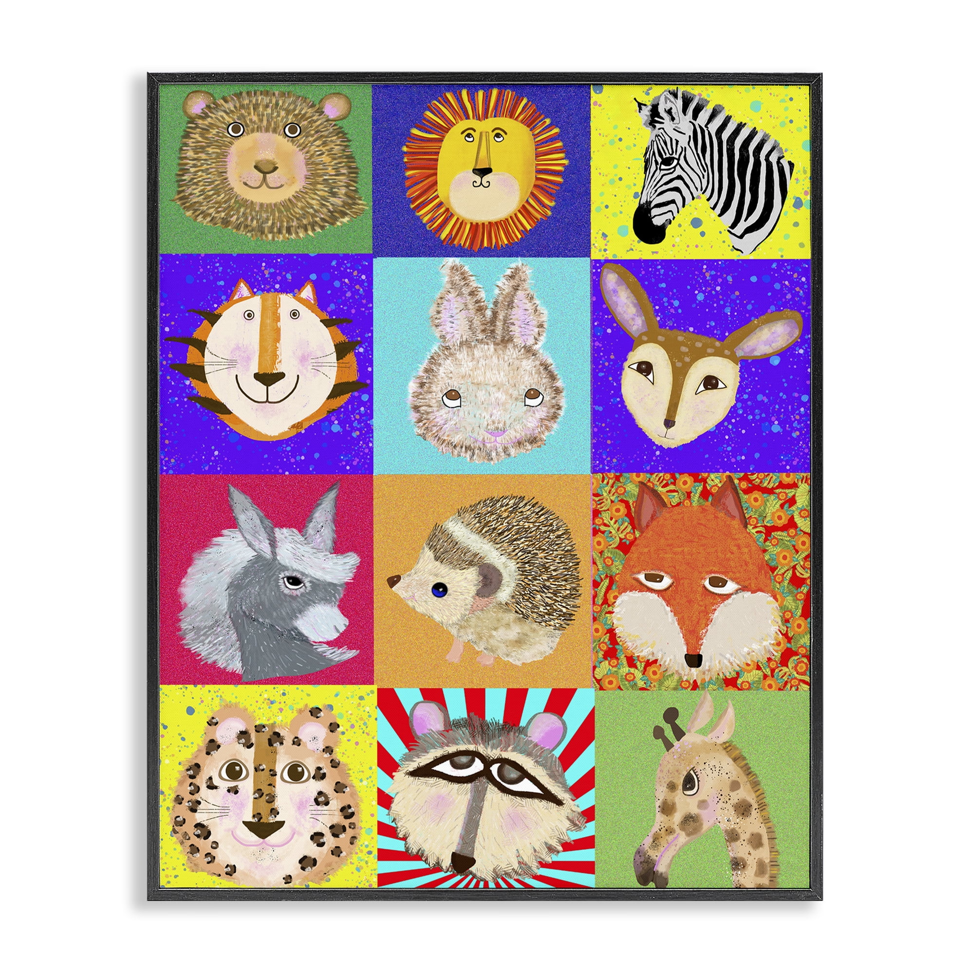 Furry Faces Animals Black Framed Giclee Art, design by Lynnda Rakos