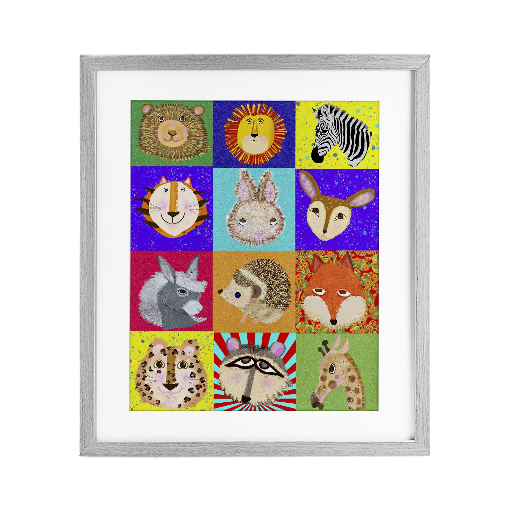 Furry Faces Animals Gray Framed Print Under Glass, design by Lynnda Rakos