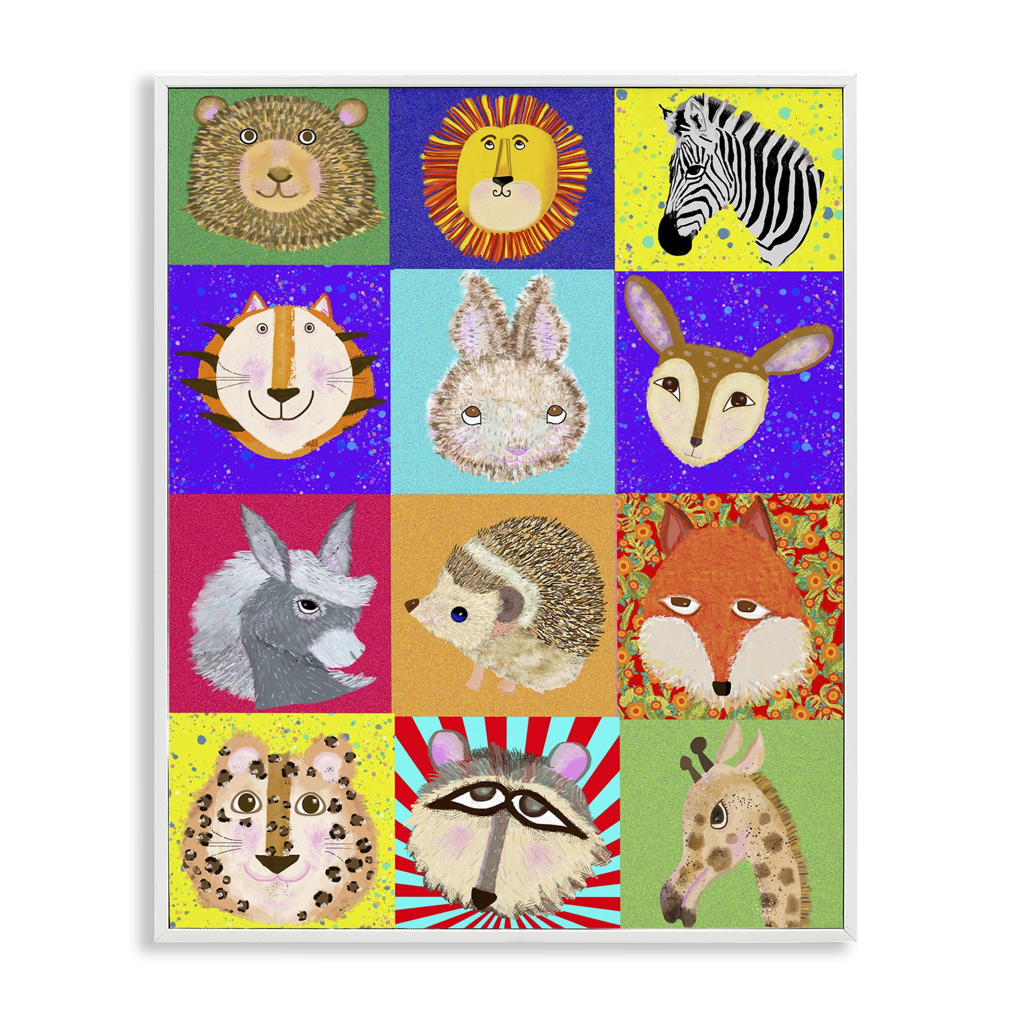 Furry Faces Animals White Framed Giclee Art, design by Lynnda Rakos
