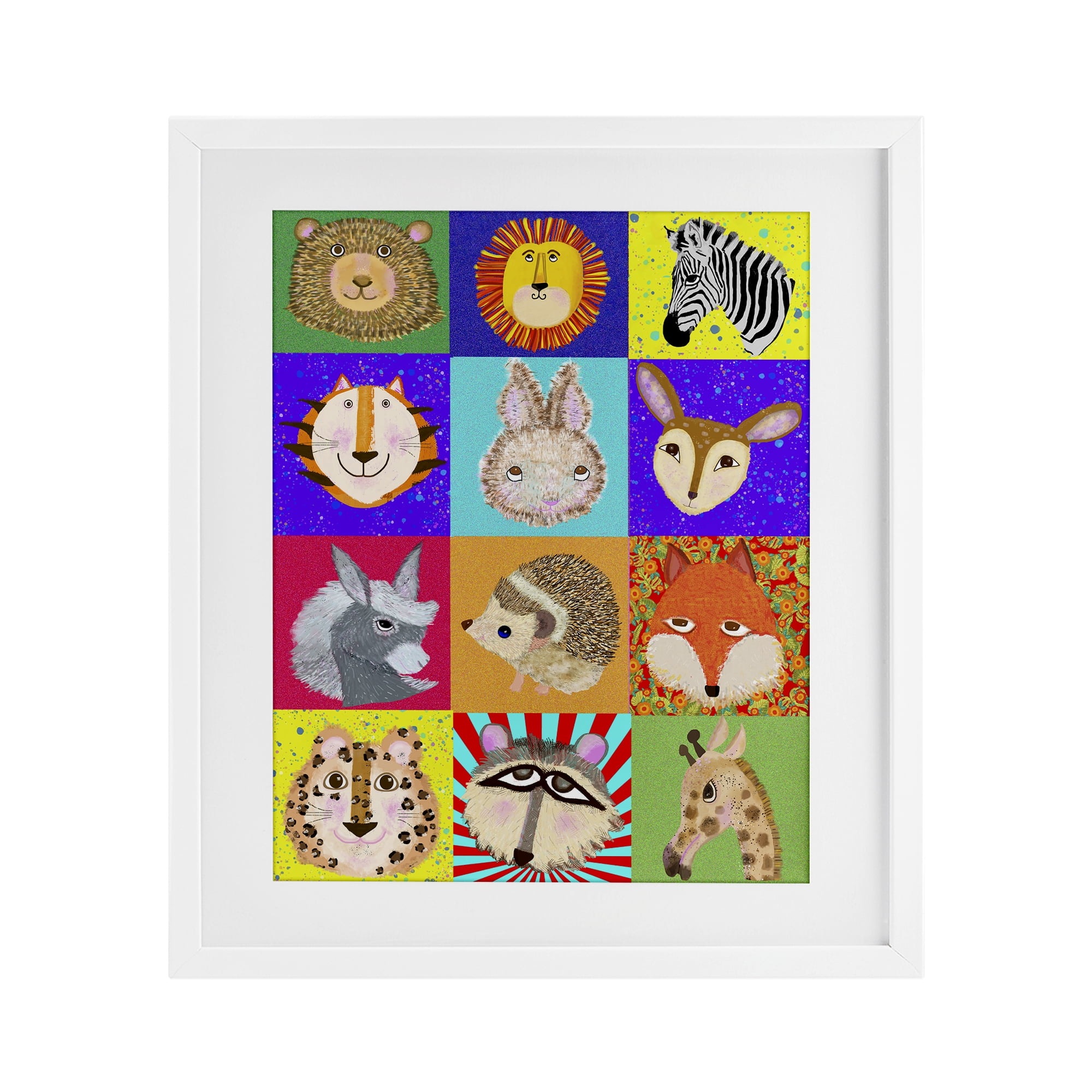 Furry Faces Animals White Framed Print Under Glass, design by Lynnda Rakos