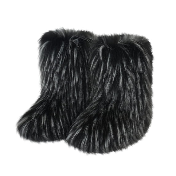Furry Faux Fur Boots for Women Fuzzy Fluffy Mid Calf Round Toe Snow Boots Women's Fashion Comfy Winter Boots Plush Warm Short Flat Heel Mid-Calf Shoes