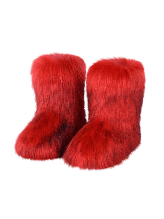 Furry Faux Fur Boots for Women Fuzzy Fluffy Mid Calf Round Toe Snow Boots Women's Fashion Comfy Winter Boots Plush Warm Short Flat Heel Mid-Calf Shoes