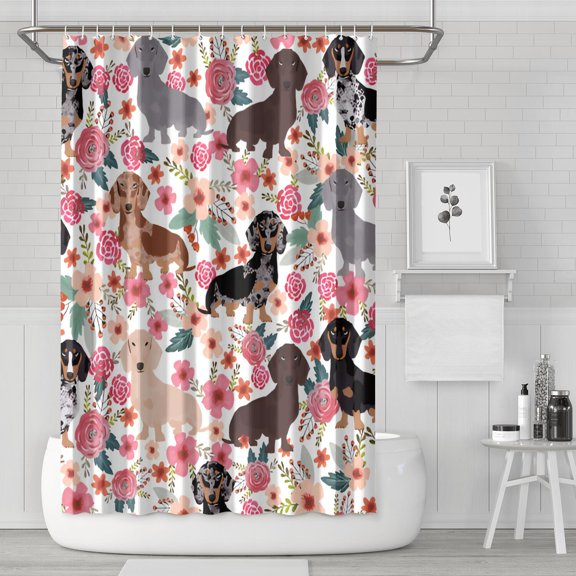 Furry Friend Shower Curtain - Dog and Nature Artwork Boho Aesthetic Waterproof Polyester Fabric with Rust-Resistant Grommets