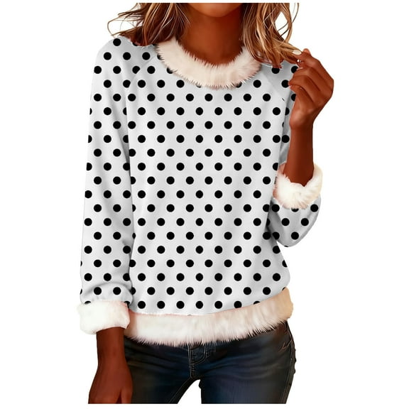 Furry Fur Trim Cute Polka Dots Shirts for Women Dressy Loose Crewneck Blouse Long Sleeve Pullover Fuzzy Tunic Tops