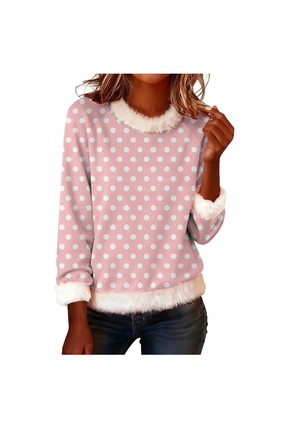 Furry Fur Trim Cute Polka Dots Shirts for Women Dressy Loose Crewneck Blouse Long Sleeve Pullover Fuzzy Tunic Tops