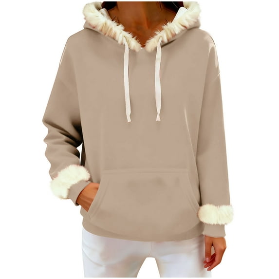 Furry Fur Trim Hoodies for Women Long Sleeve Loose Sweatshirts Pullover Casual Hooded Tunic Tops with Pocket
